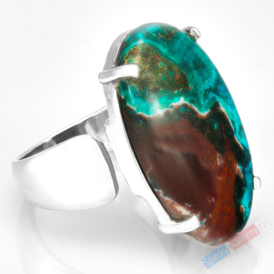 Velký stříbrný prsten (Ag 925/1000) s dioptasem QA, vel. kamene cca 26 x 16 mm, RARITA, "smaragdové vody řeky Konga I." (DI2214R)