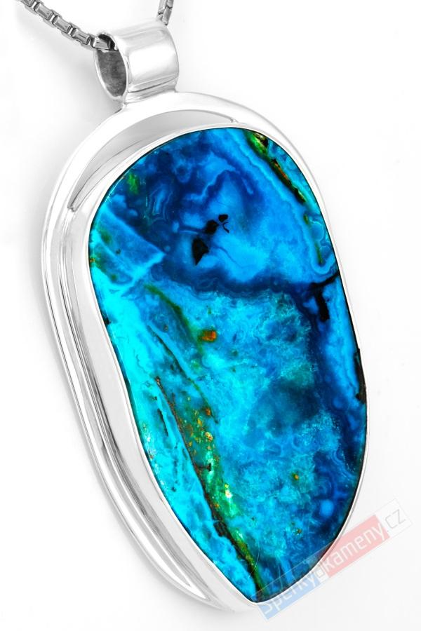 Velký stříbrný přívěsek (Ag 925/1000) s chryzokolem z Konga QAA, cca 59 x 38 mm, nádherná sytá modrotyrkysová barva, "hlubiny řeky Konga" (CHL6301P)