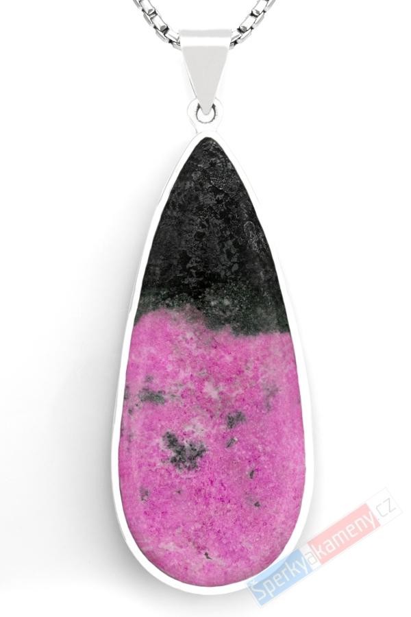 Velký stříbrný přívěsek (Ag 925/1000) s kobaltovým kalcitem QAA, kapka cca 53 x 24 mm, nádherná pink barva, RARITA (KKC1936P)