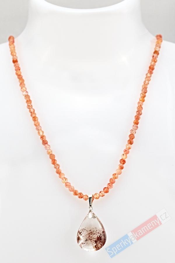 Originální náhrdelník v boho stylu z broušeného slunečního kamene s přívěskem z lodolitu QA, "zahrada boha slunce", RARITA (SL6957S)