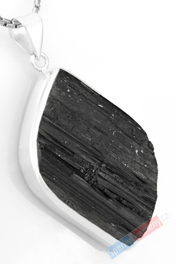 Unisex stříbrný přívěsek (Ag 925/1000) s turmalínem skorylem QAA, přírodní krystal, cca 45 x 30 mm, "ochranný štít proti negativní energii" (TU1212P)