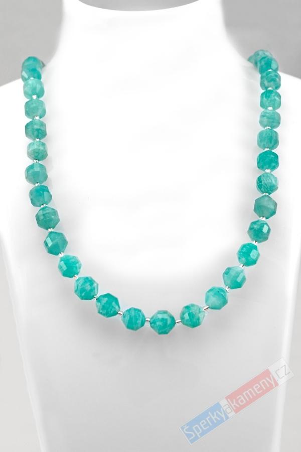 Náhrdelník z broušeného amazonitu z Peru QA, kuličky cca 8 mm, stříbro Ag 925/1000, nádherná tyrkysová barva (AIT9075B)