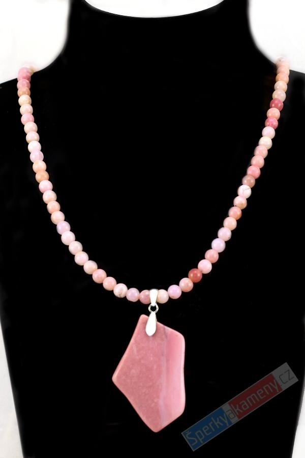 Originální náhrdelník z andského růžového opálu s přívěskem QA, stříbro Ag 925/1000, "květy jezera Titicaca", RARITA (OA6655S)