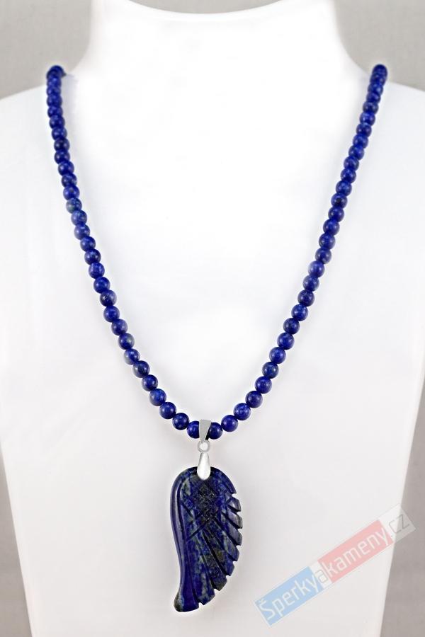 Náhrdelník z lapisu lazuli s přívěskem ve tvaru andělského křídla QA, délka cca 43 cm, Ag 925/1000 (LL6051S)