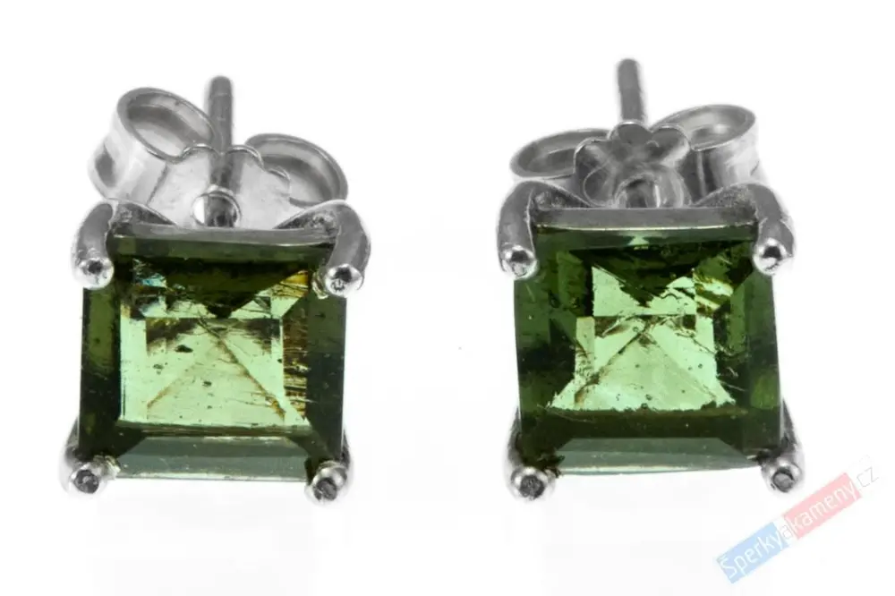 Stříbrné náušnice - puzetky (Ag 925/1000) s vltavínem QA, cca 6 x 6 mm (VL6897U)