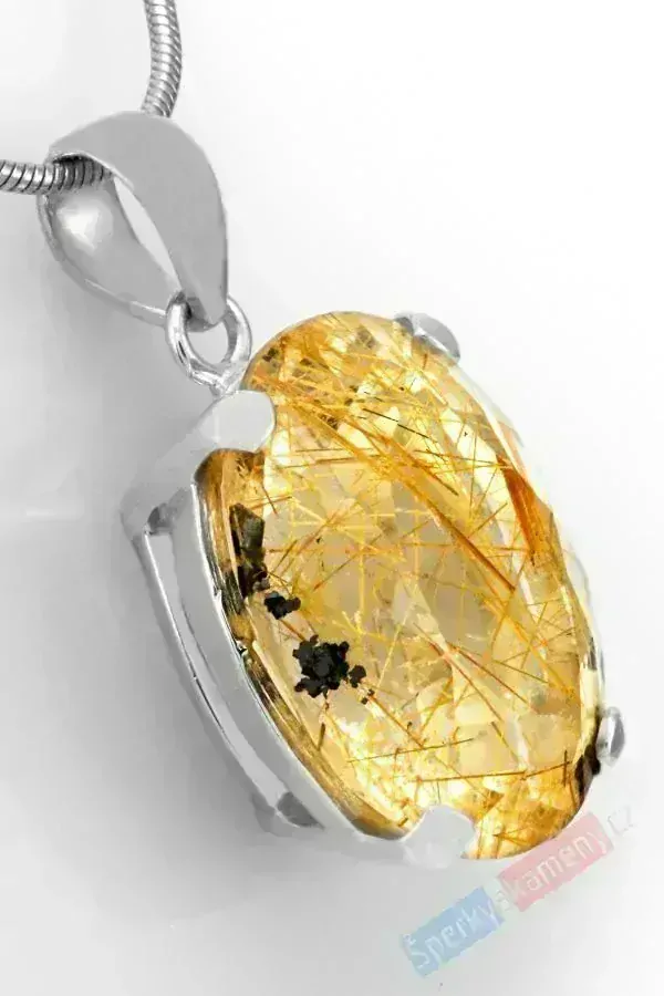 Stříbrný přívěsek (Ag 925/1000) s broušeným sagenitem QA, ovál cca 22 x 17 mm, RARITA (KRS1089P)