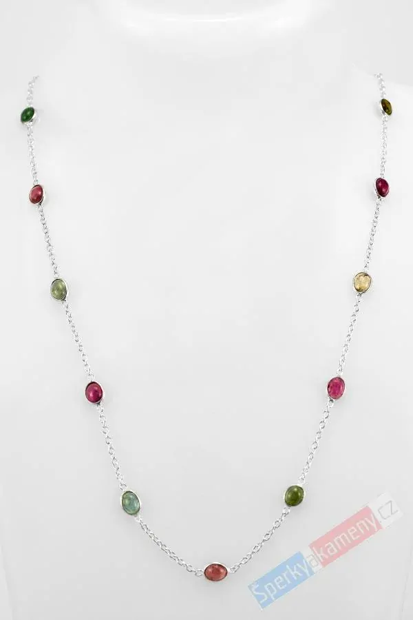 Originální minimalistický stříbrný náhrdelník (Ag 925/1000) s turmalíny všech barev QA, 16 oválků cca 6 x 5 mm (TU7238S)
