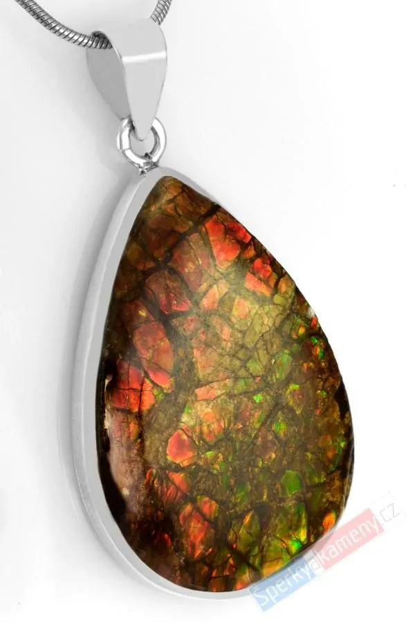 Stříbrný přívěsek (Ag 925/1000) s amolitem QAA, kapka cca 39 x 26 mm, RARITA (ALM2118P)