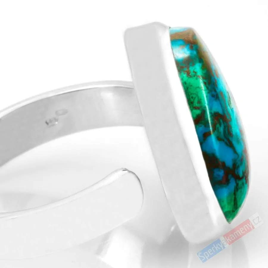 Stříbrný prsten (Ag 925/1000) s chryzokolem z Konga QA, vel. kamene cca 20 x 18 mm, krásné probarvení a kresba (CHL7865R)