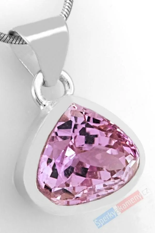 Stříbrný přívěsek (Ag 925/1000) s broušeným kunzitem QAA, cca 15 x 17 mm, nádherná barva a brus, RARITA (KT5001P)