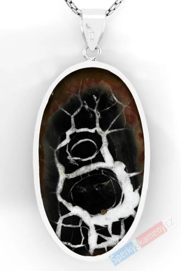 Velký stříbrný přívěsek (Ag 925/1000) s dračím kamenem - septárií QA, cca 53 x 31 mm, "kámen štěstí" (ST1513P)