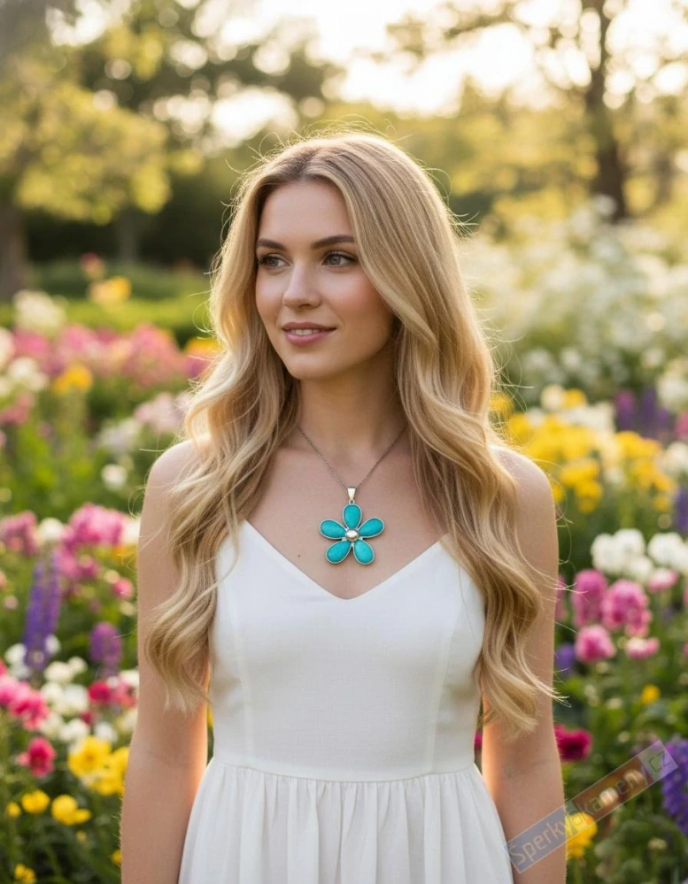 Originální velký autorský stříbrný přívěsek (Ag 925/1000) s amazonitem z Peru QA, cca 54 x 53 mm, nádherná barva, "květina indiánské princezny z rodu Ururů" (AIT6776P) 