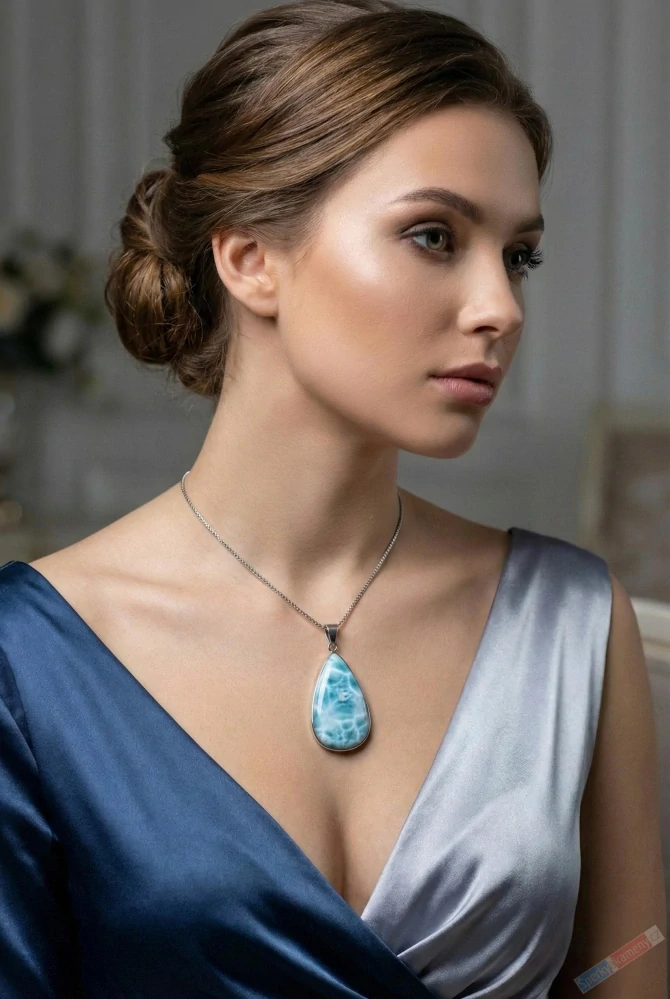 Větší stříbrný přívěsek (Ag 925/1000) s larimarem QA, kapka cca 48 x 28 mm, krásná kresba, RARITA (LR4504P) 