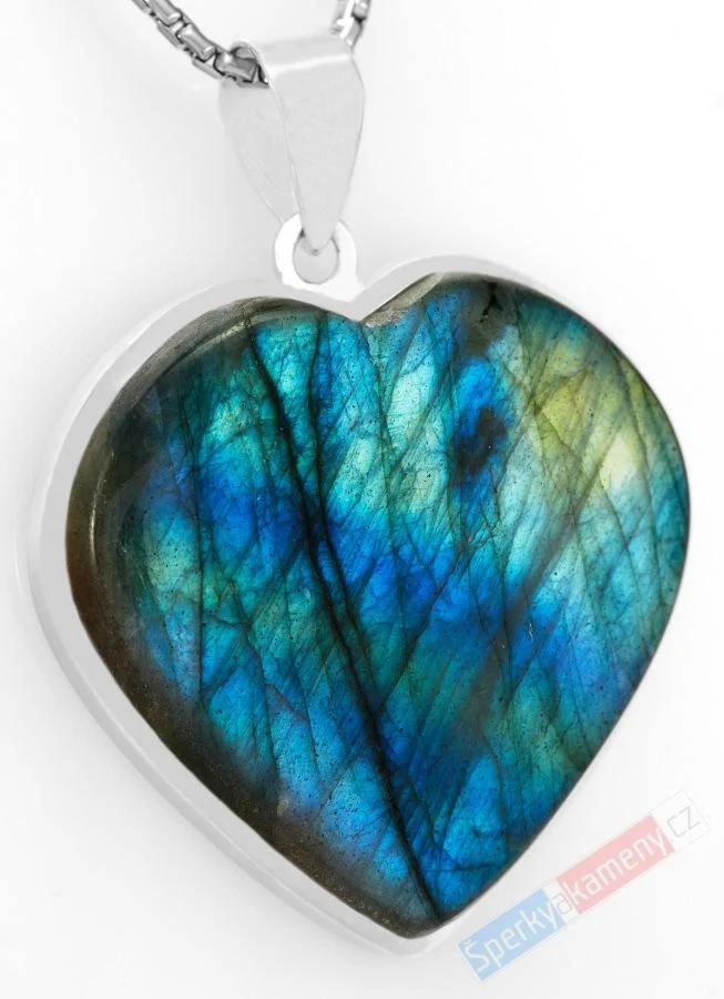 Originální stříbrný přívěsek (Ag 925/1000) s labradoritem QAA, srdce cca 37 x 37 mm, "svítání nad Madagaskarem" (LB1210P)