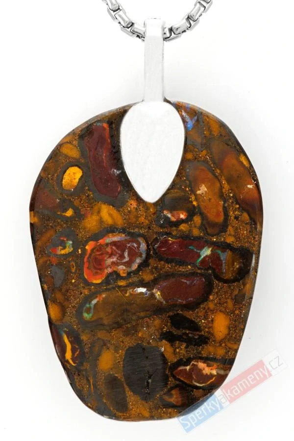 Unisex přívěsek z boulder opálu QA, stříbro Ag 925/1000, cca 37 x 27 mm, "kámen síly, prosperity a štěstí", RARITA (OBO3267P)