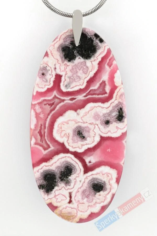 Velký přívěsek z rodochrozitu QAA, stříbro Ag 925/1000, ovál cca 51 x 25 mm, nádherná barva a kresba, "šperk pro princeznu z rodu Inků II" (RCH1243P)