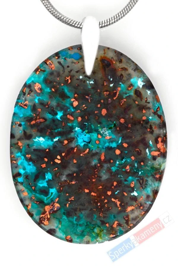 Přívěsek z mědi v chalcedonu QAA, ovál cca 33 x 25 mm, stříbro Ag 925/1000, "anděl harmonie II", RARITA (CHMC8288P)