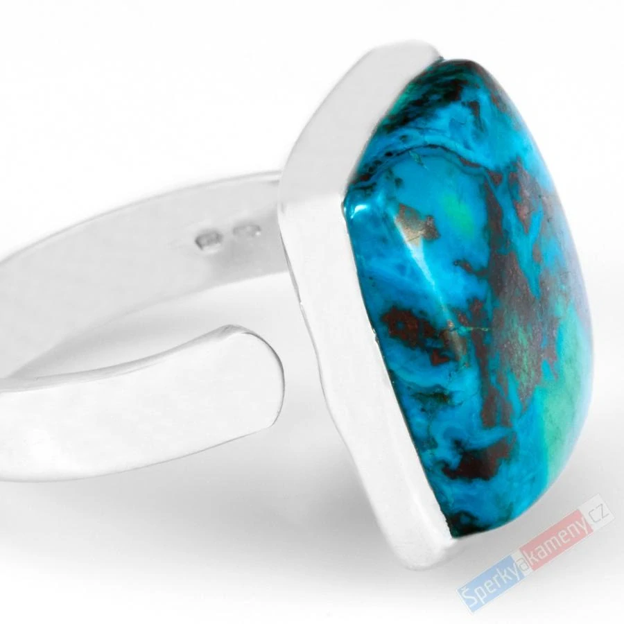 Unisex stříbrný prsten (Ag 925/1000) s chryzokolem z Konga QA, vel. kamene cca 19 x 16 mm, krásné probarvení a kresba (CHL4537R)