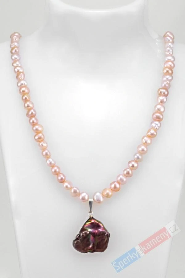 Originální náhrdelník v boho stylu ze sladkovodních perel s přívěskem z Biwa perly multicolor QA, stříbro Ag 925/1000, "něžná krása IV" (PBM6352S)