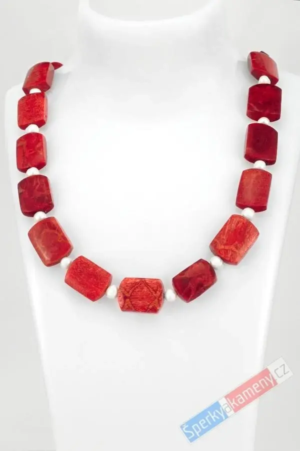 Originální náhrdelník v boho stylu z houbového korálu a sladkovodních perel, stříbro Ag 925/1000, "kráska z Banaba" (KP1212S)