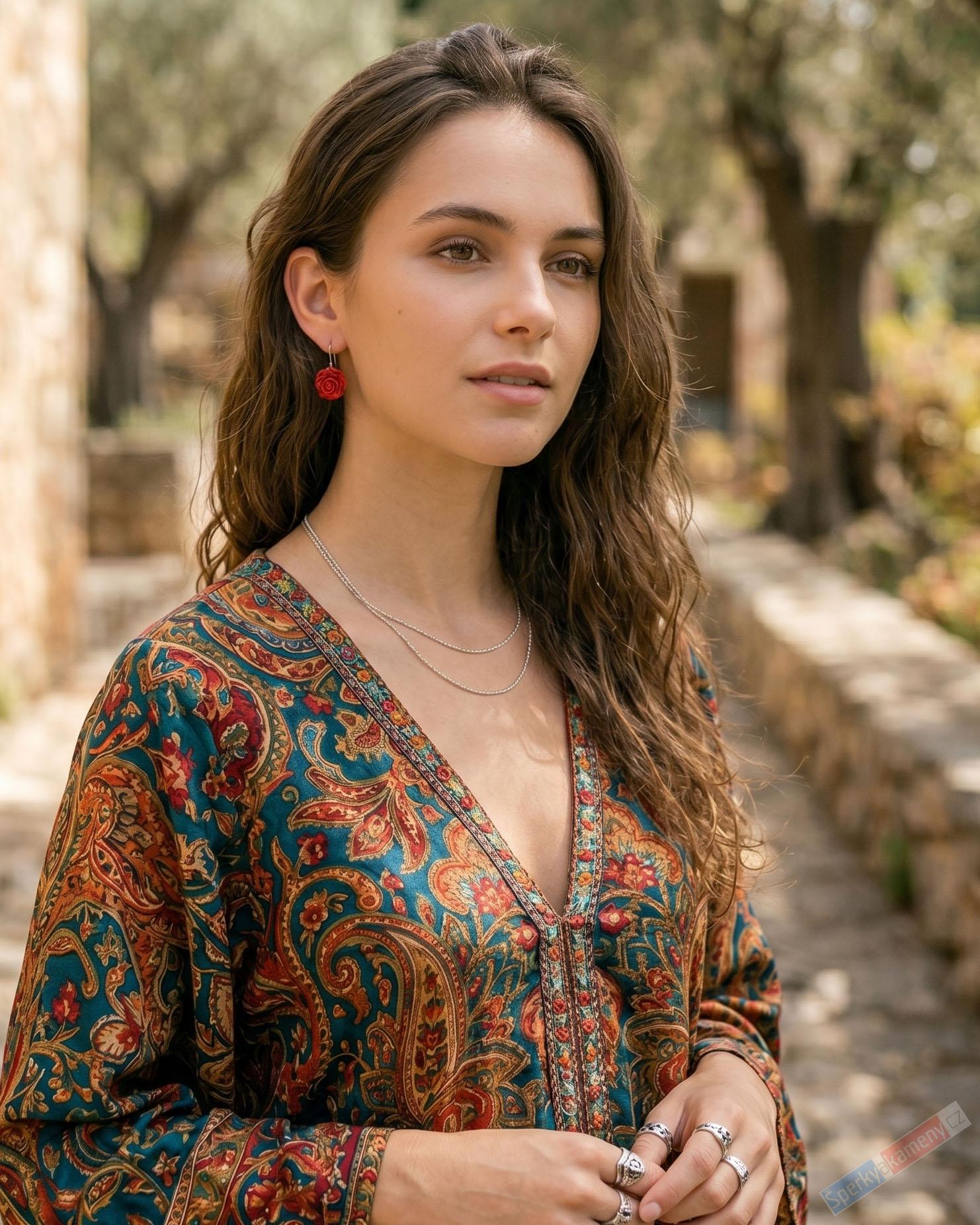 Náušnice ve stylu boho z přírodního houbového korálu QA ve tvaru květu růže, prům. cca 13 mm, stříbro Ag 925/1000, "květinková víla" (KP4537U)