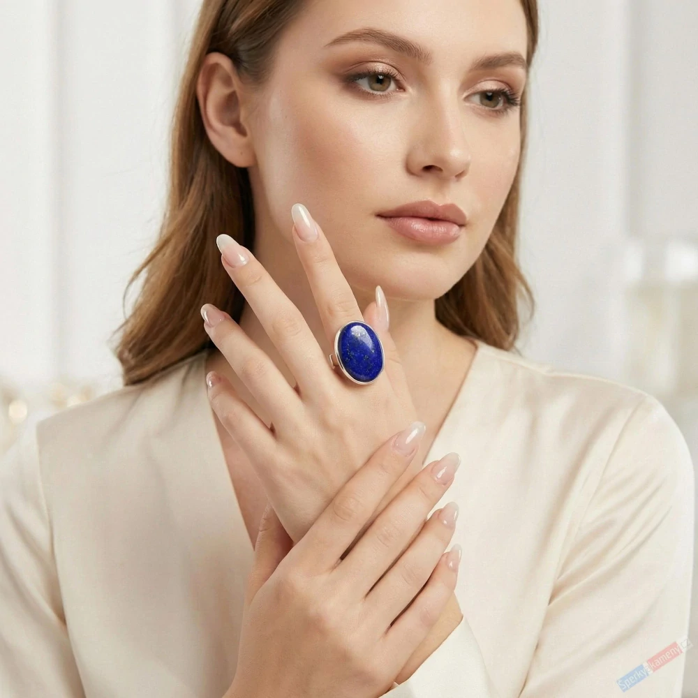 Stříbrný prsten (Ag 925/1000) s lapisem lazuli QAA, vel. kamene cca 21 x 16 mm, "noční obloha posetá hvězdami IV" (LL7873R)