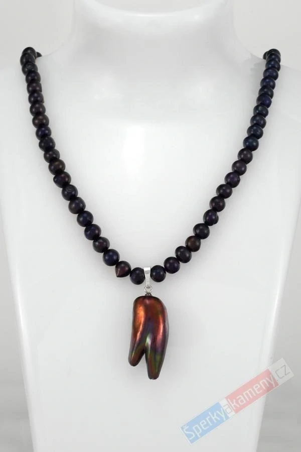Originální unisex náhrdelník v boho stylu ze sladkovodních černých perel s přívěskem z Biwa perly multicolor QA, stříbro Ag 925/1000, "něžná krása IV" (PMC6655S)