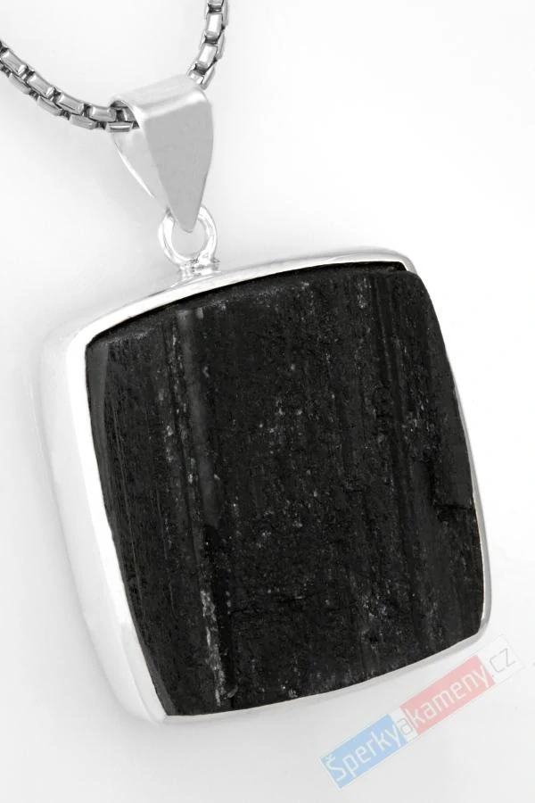 Unisex stříbrný přívěsek (Ag 925/1000) s turmalínem skorylem QA, přírodní krystal, cca 31 x 29 mm, "ochranný štít proti negativní energii" (TU1216P)