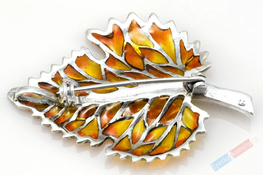 Větší stříbrná brož (Ag 925/1000) s markazity a vitráží QA, list cca 32 x 47 mm, nádherná barva a zpracování (B1089L)