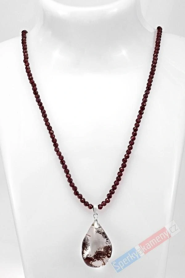 Originální náhrdelník v boho stylu z broušeného granátu almandin s přívěskem z lodolitu QA, stříbro Ag 925/1000, RARITA (GRL5142S)