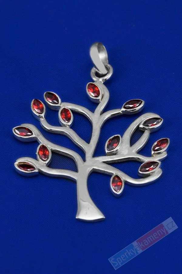 Větší originální stříbrný přívěsek (Ag 925/1000) ve tvaru stromu života s granátem almandin QA, cca 44 x 40 mm (SGR6050P)