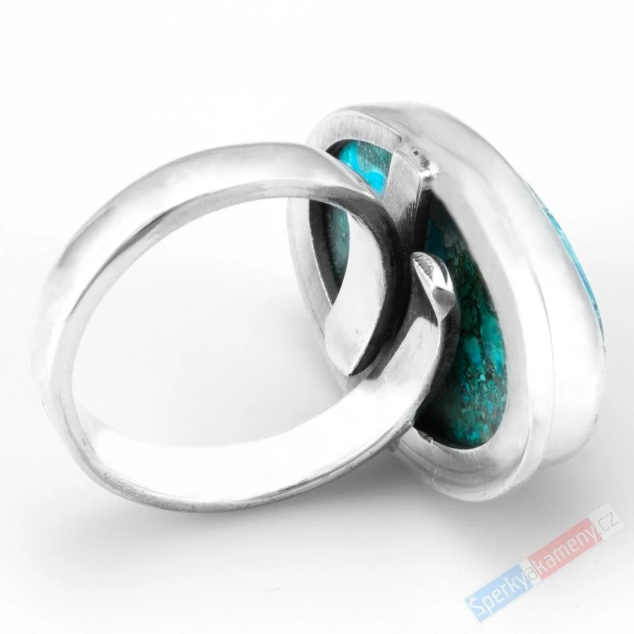 Stříbrný prsten (Ag 925/1000) s chryzokolem a malachitem QA, vel. kamene cca 28 x 19 mm, krásné probarvení, POUZE VELIKOST 57/58 (CHL1162R)