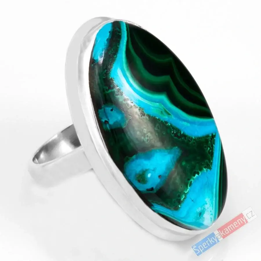 Velký stříbrný prsten (Ag 925/1000) s chryzokolem v malachitu QA, vel. kamene cca 36 x 20 mm, krásné probarvení, STŘEDNÍ VELIKOST 57/58 (CHLM1143R)
