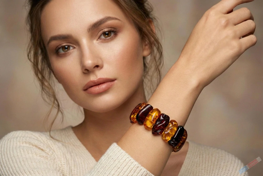 Originální náramek z baltského jantaru QA, plochý, velké přírodní dílky, "když se sejde med s koňakem" (JA2627NS)