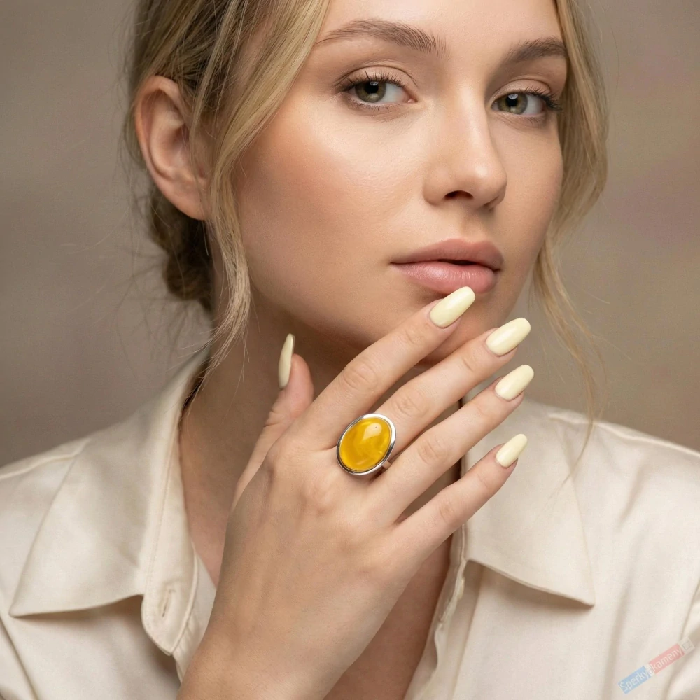 Stříbrný prsten (Ag 925/1000) se žlutým baltským jantarem QAA, cca 23 x 18 mm, VELIKOST 57/58, "sluníčko" (JA7410R)