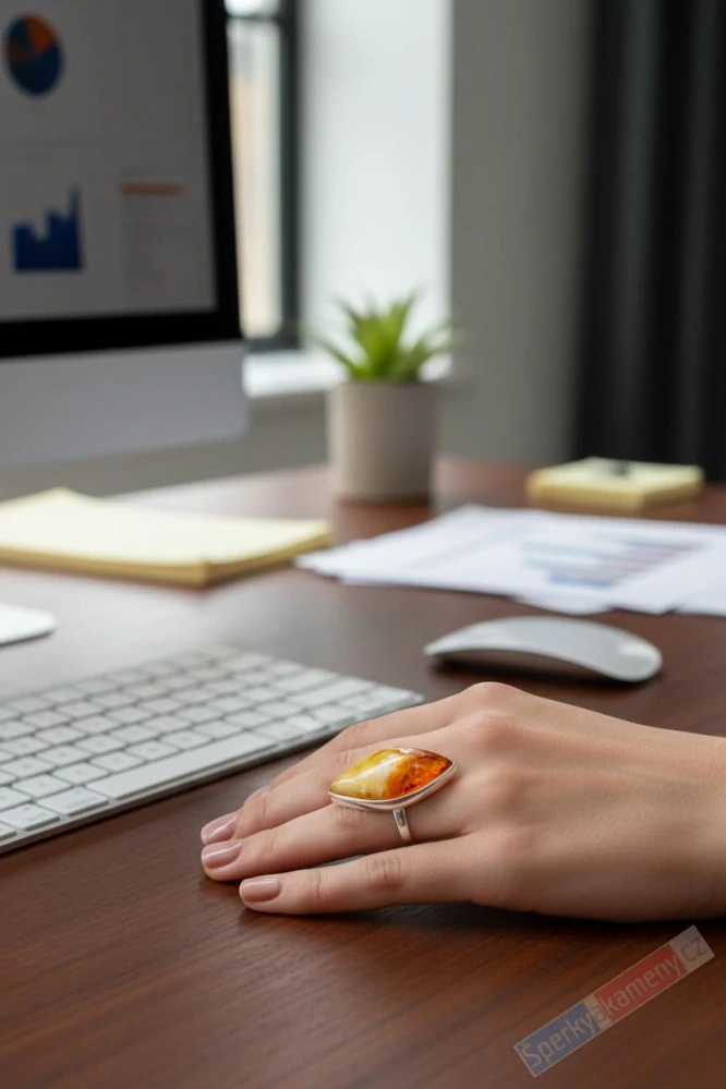 Velký stříbrný prsten (Ag 925/1000) s baltským jantarem QAA, cca 35 x 21 mm, POUZE VELIKOST 56, "slunce a med" (JA1435R)