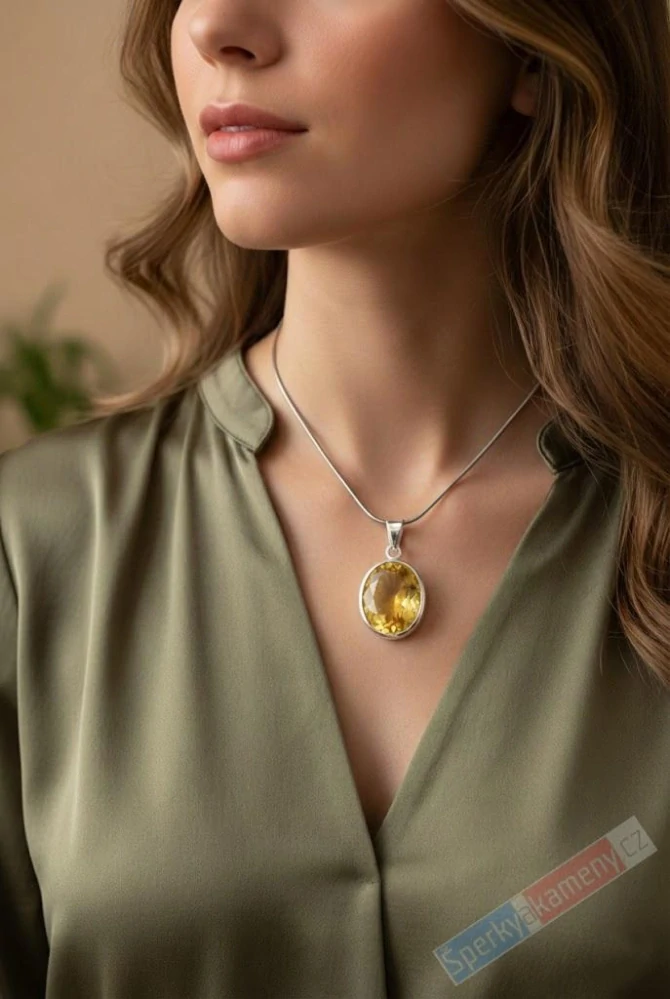 Stříbrný přívěsek (Ag 925/1000) s broušeným citrínem QA, ovál cca 25 x 20 mm, krásná barva a brus (CI2421P)