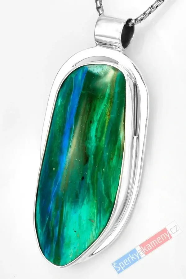 Velký stříbrný přívěsek (Ag 925/1000) s peruánským modrým opálem QAA, cca 57 x 30 mm, nádherné probarvení, "vodní proudy jezera Titicaca", RARITA (OPE2752P)