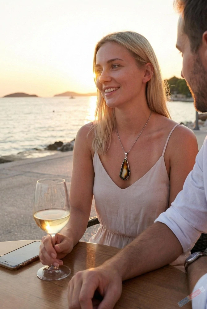 Velký unisex stříbrný přívěsek (Ag 925/1000) s baltským jantarem QAA, plátek cca 51 x 24 mm, "zapadající slunce II" (JA1334P)