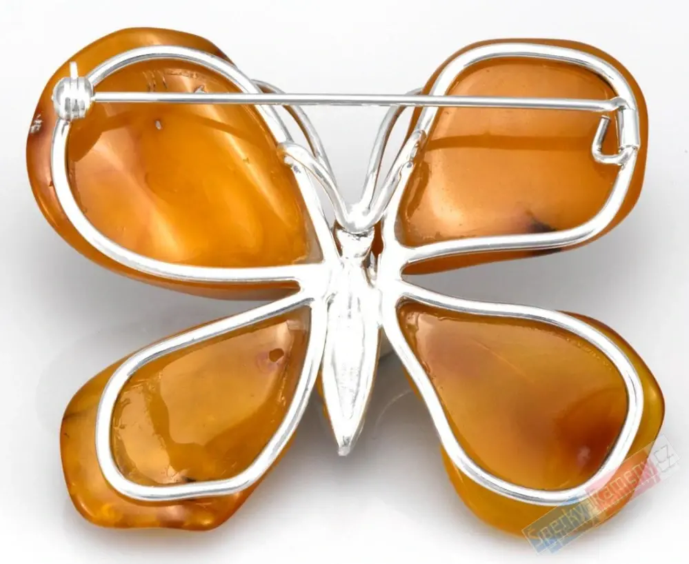 Velká originální stříbrná brož (Ag 925/1000) s baltským jantarem QAA, motýl cca 48 x 60 mm, nádherná žluto-oranžová barva, "sluneční motýl" (JA2696M)
