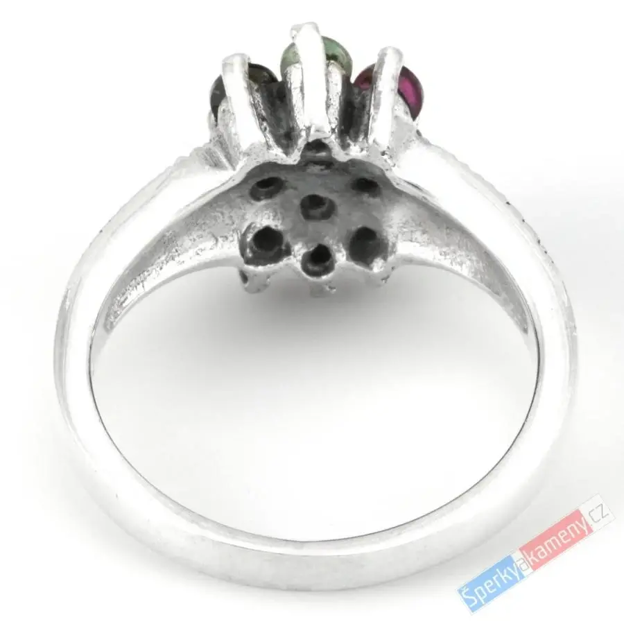 Stříbrný prsten (Ag 925/1000) s broušenými rubíny, smaragdy, spinely a markazity QA, "prsten pro princeznu", POUZE VELIKOST 56/57 (Z7260R)