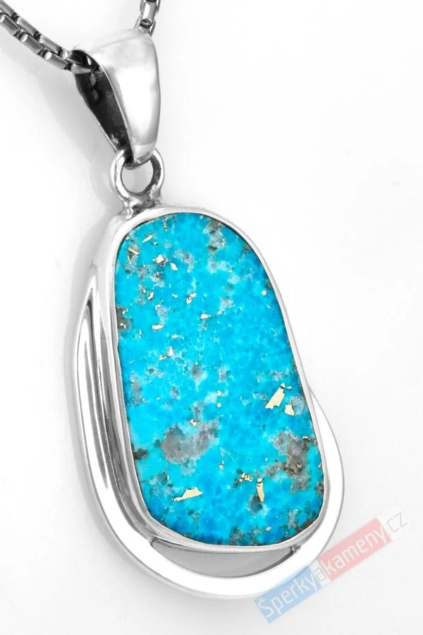 Unisex stříbrný přívěsek (Ag 925/1000) s íránským tyrkysem prorostlým chalkopyritem QA, cca 38 x 24 mm, krásná barva, RARITA (TYS8712P)  SLEVA 25%