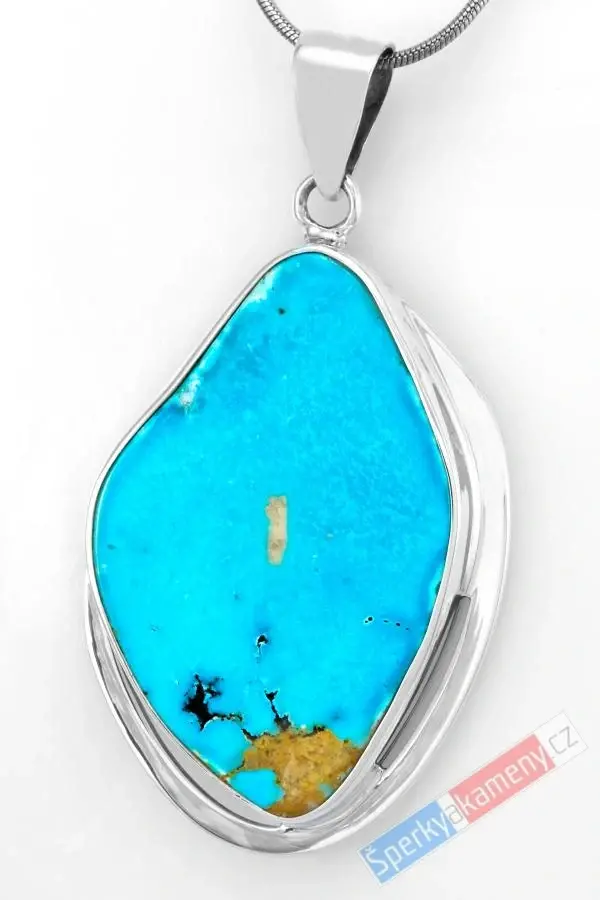 Větší stříbrný přívěsek (Ag 925/1000) s íránským tyrkysem prorostlým chalkopyritem QAA, cca 46 x 32 mm, nádherná barva, RARITA (TYS1937P)