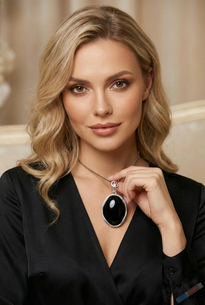 Větší stříbrný přívěsek (Ag 925/1000) s černým onyxem QAA, ovál cca 44 x 34 mm, "ochrana a pozitivní pohled na svět" (ON1960P)