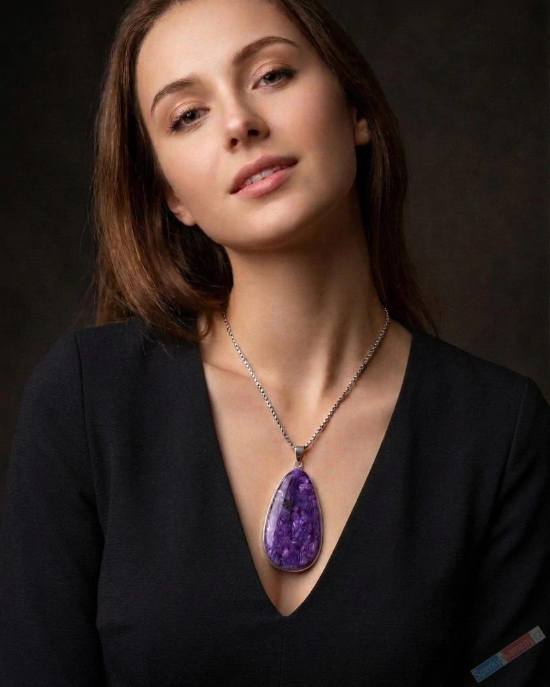 Velký stříbrný přívěsek (Ag 925/1000) s čaroitem QAA, cca 54 x 30 mm, nádherné probarvení (CA2422P)