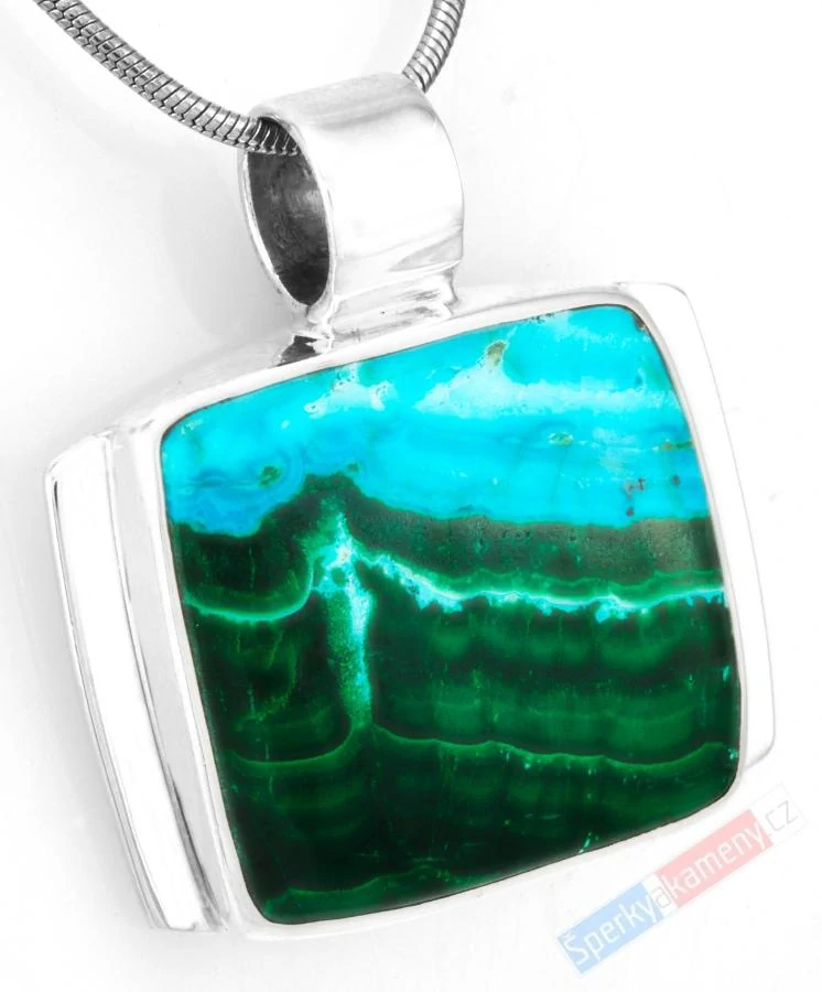 Unisex stříbrný přívěsek (Ag 925/1000) s chryzokolem v malachitu QAA, cca 22 x 28 mm, "krása přírodního obrazu" (CHLM1201P)