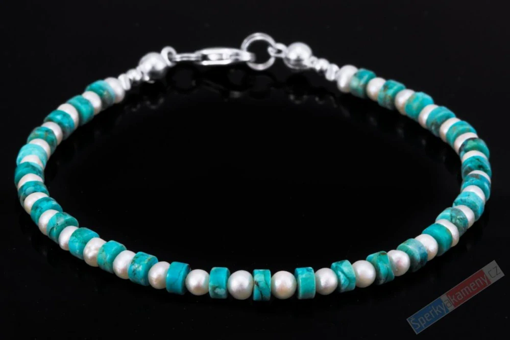 Minimalistický náramek z arménského tyrkysu QA a bílých sladkovodních perel, stříbro Ag 925/1000, "náramek pro královnu jezerních víl" (TYP8483NS)