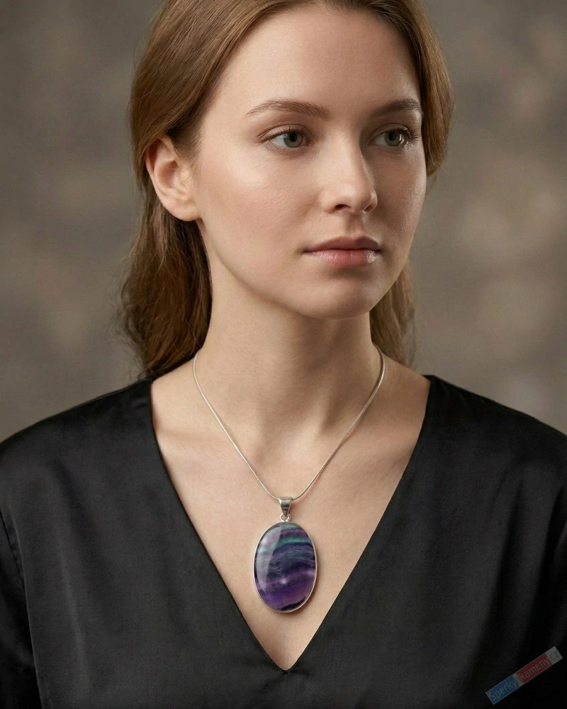 Větší stříbrný přívěsek (Ag 925/1000) s fluoritem QAA, ovál cca 42 x 28 mm, "duha z ráje II" (FL2118P)