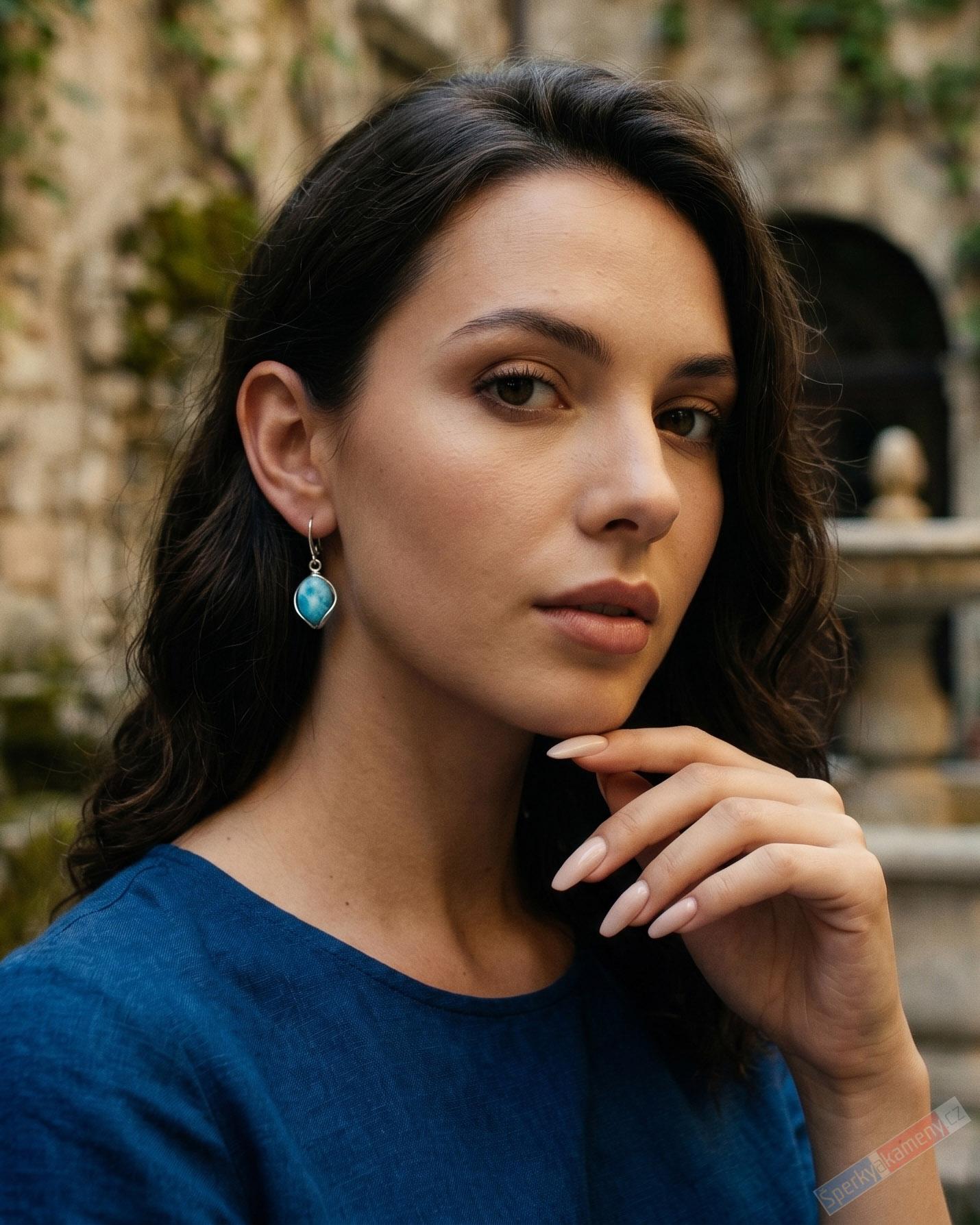 Stříbrné náušnice (Ag 925/1000) s larimarem QAA, oválky cca 20 x 15 mm, krásná kresba, "dva andílci z Atlantidy II", RARITA (LR1188U)