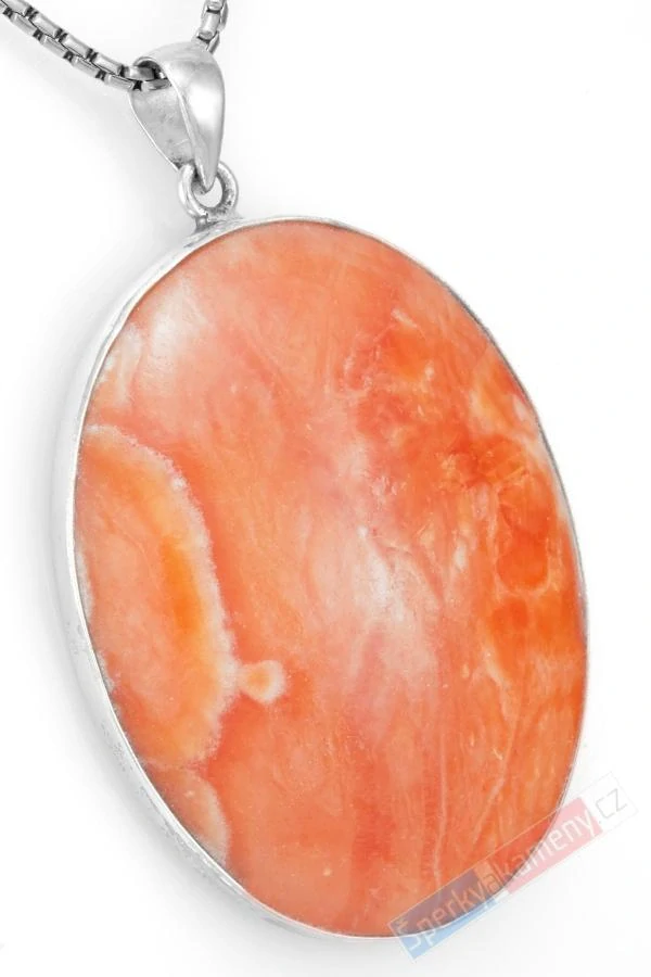 Velký stříbrný přívěsek (Ag 925/1000) s oranžovým selenitem QA, ovál cca 51 x 40 mm, "pohlazení andělů" (SI1452P)
